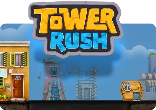 Tower Rush game artwork by Galaxsys: the Tower Rush logo above the tower-building city